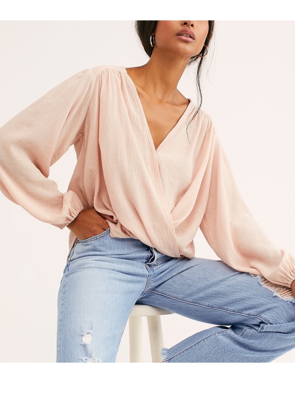 Free People Check On It Blush Long Sleeve Wrap Top. Size Large